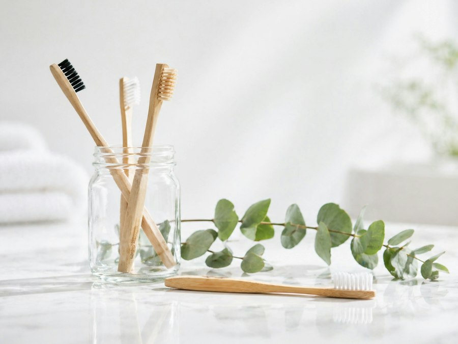 Bamboo toothbrushes in a glass