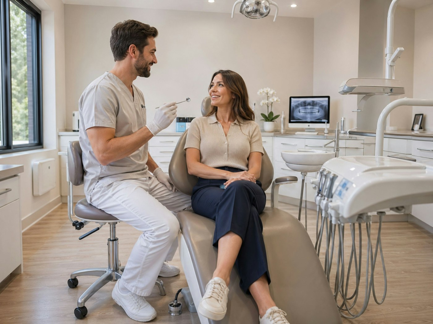 A dentist talking with a seated patient